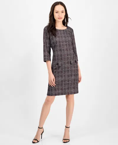 Connected Petite Printed Ponte 3/4-sleeve Sheath Dress In Gray