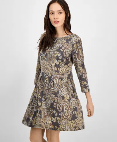 Connected Petite Printed Round-neck 3/4-sleeve Dress In Black