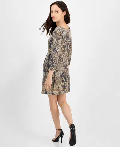 Connected Petite Printed Round-neck 3/4-sleeve Dress In Black