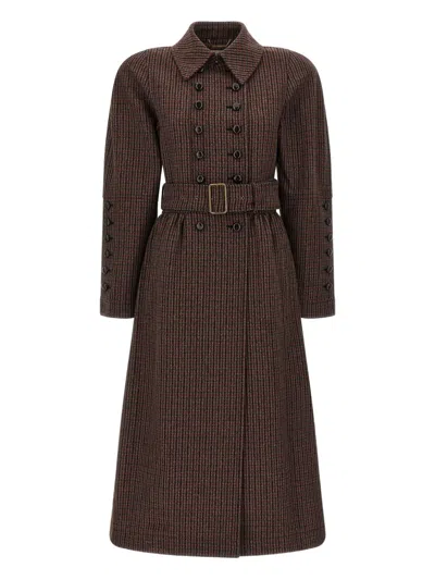 Chloé Grey/red Double-breasted Coat In Houndstooth Wool In Brown