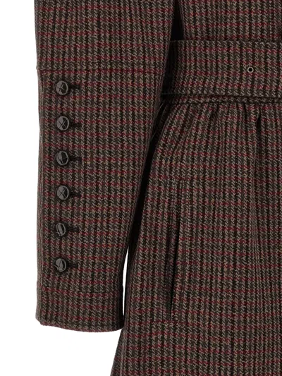 Chloé Grey/red Double-breasted Coat In Houndstooth Wool In Brown