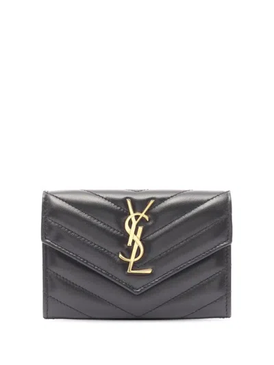 Pre-owned Saint Laurent 2000-2025 Leather Monogram Envelope Bifold Wallet Small Wallets In Black