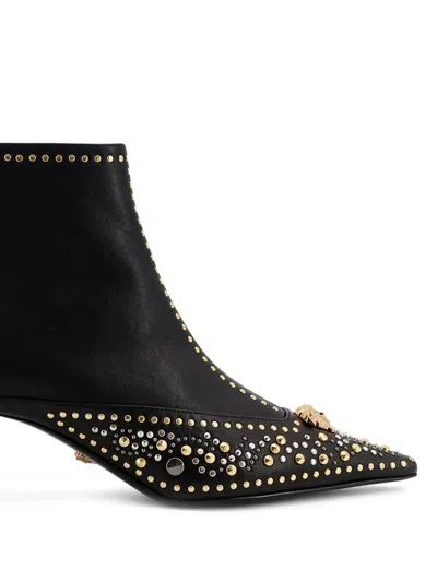 Versace Studded Leather Ankle Boots With Kitten Heel In Black