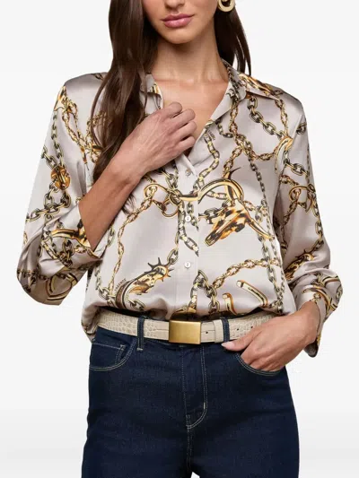L'agence Dani Chain Print Silk Button-up Shirt In Neutral