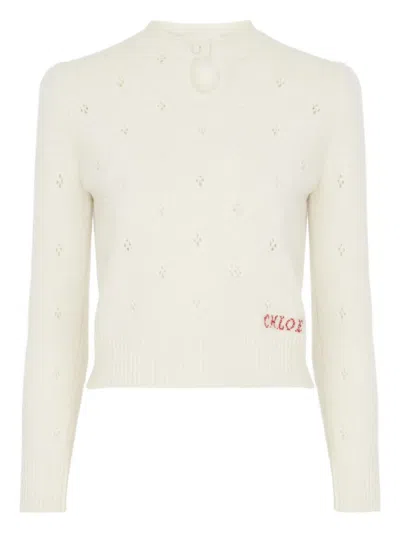Chloé Wool And Cashmere Fitted Sweater With An Openwork Motif Clothing In Neutral