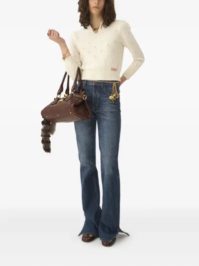 Chloé Wool And Cashmere Fitted Sweater With An Openwork Motif Clothing In Neutral