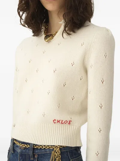 Chloé Wool And Cashmere Fitted Sweater With An Openwork Motif Clothing In Neutral