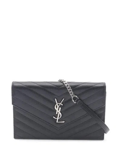 Pre-owned Saint Laurent 2013-2025 Grain De Poudre Cassandre Envelope Chain Wallet Crossbody Bag In Black