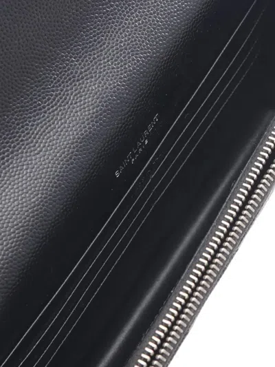 Pre-owned Saint Laurent 2013-2025 Grain De Poudre Cassandre Envelope Chain Wallet Crossbody Bag In Black