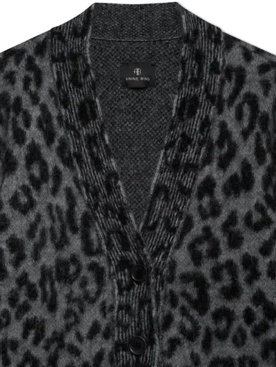 Anine Bing Leopard Print Cardigan Featuring Front Pockets In Gray