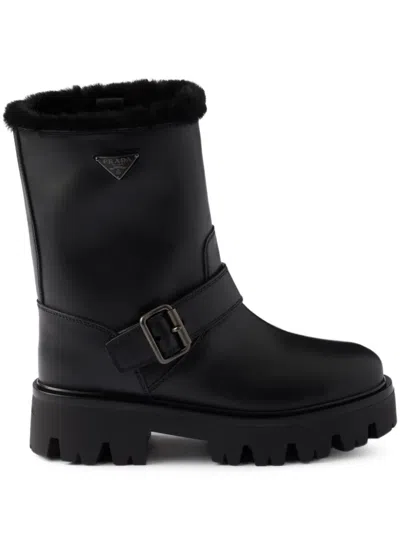 Prada Stiefeletten Aus Leder Und Lammfell In Black