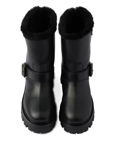 Prada Stiefeletten Aus Leder Und Lammfell In Black