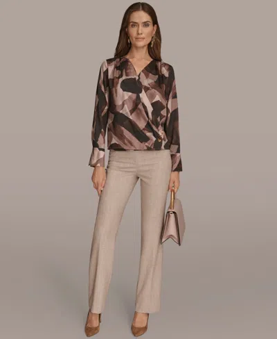 Donna Karan Petite Printed Satin Long Sleeve Wrap Top In Brown