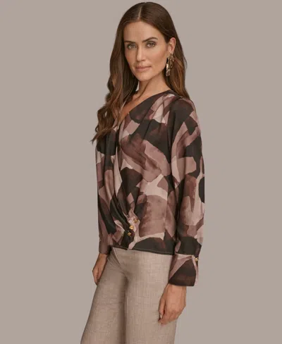 Donna Karan Petite Printed Satin Long Sleeve Wrap Top In Brown