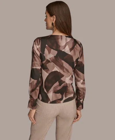 Donna Karan Petite Printed Satin Long Sleeve Wrap Top In Brown