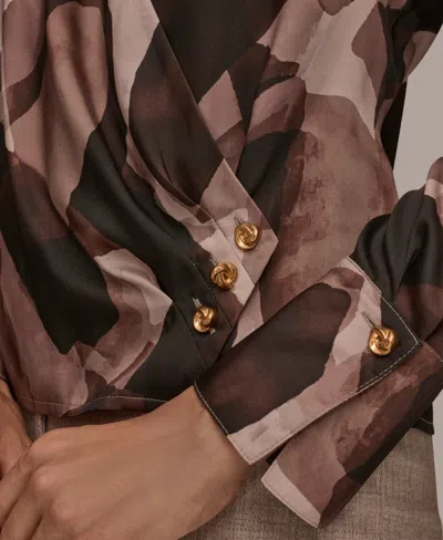 Donna Karan Petite Printed Satin Long Sleeve Wrap Top In Brown