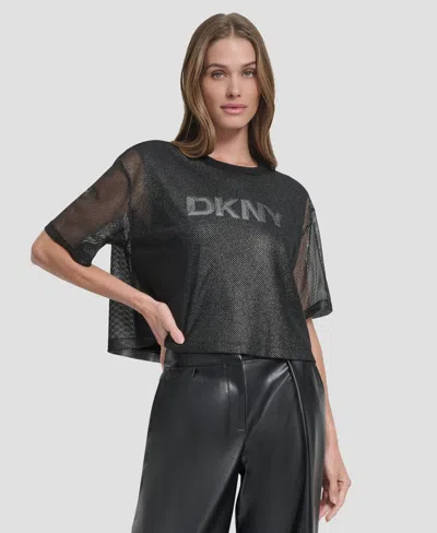 Dkny Women's Short Sleeve Mesh Overlay Logo Knit Top In Black
