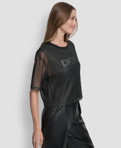 Dkny Women's Short Sleeve Mesh Overlay Logo Knit Top In Black