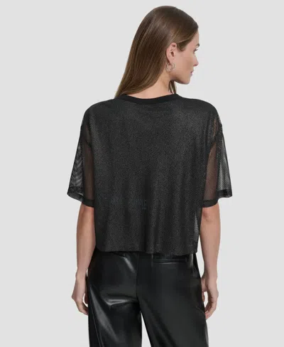 Dkny Women's Short Sleeve Mesh Overlay Logo Knit Top In Black