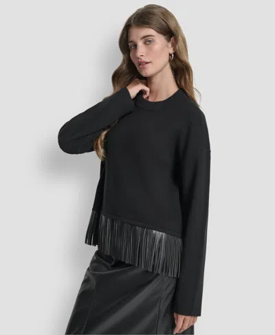 Dkny Women's Long Sleeve Fringe Hem Sweater In Black
