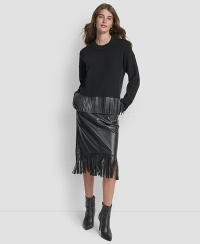 Dkny Women's Long Sleeve Fringe Hem Sweater In Black