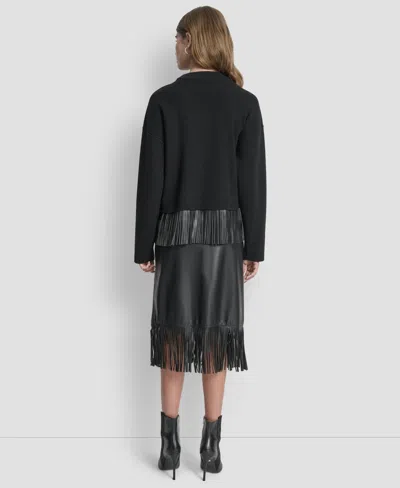 Dkny Women's Long Sleeve Fringe Hem Sweater In Black