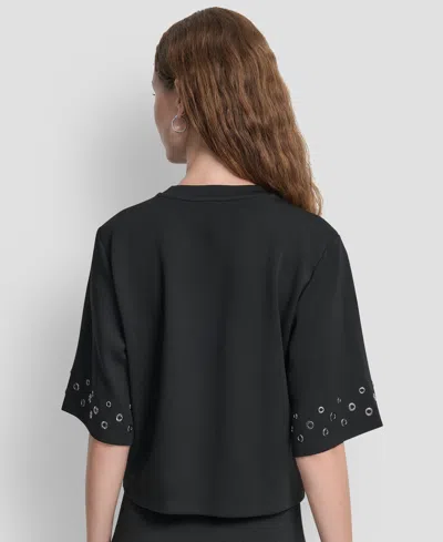 Dkny Women's Grommet Short Sleeve Ponte Knit Top In Black