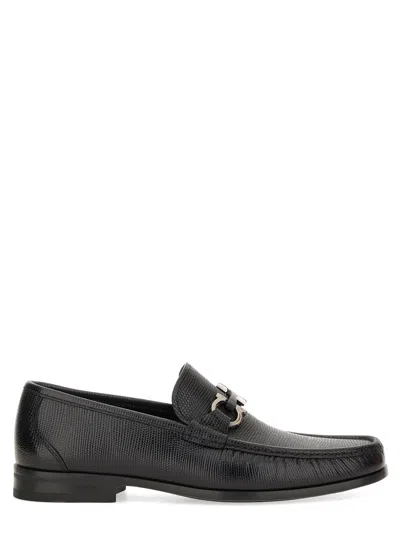 Ferragamo Gandioso Pebbled Moccasin With Gancini Ornament In Black Leather