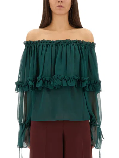 Saint Laurent Off The Shoulder Long Sleeve Top In Green