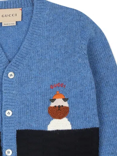 Gucci Baby Embroidered Wool Cardigan In Blue