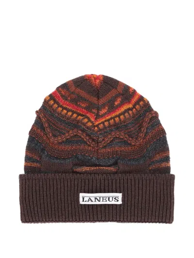 Laneus Patterned Beanie Hat In Brown
