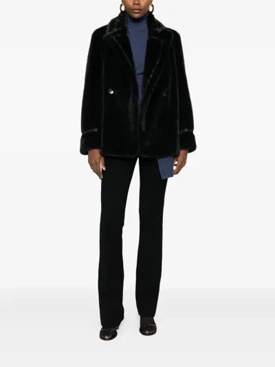 Twinset Black Coat With Classic Lapels In Faux Fur Woman In Black
