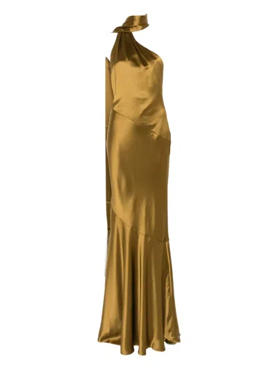 Retroféte Kelsa High-neck Satin Scarf Gown In Green