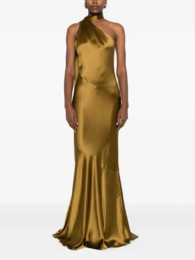 Retroféte Kelsa High-neck Satin Scarf Gown In Green
