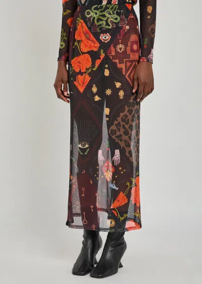 Never Fully Dressed Dorris Printed Mesh Midi Skirt In Multi