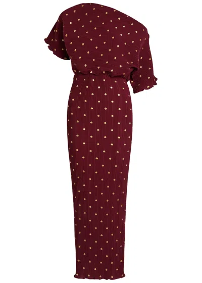 Never Fully Dressed Tilly One-shoulder Polka-dot Maxi Dress In Burgundy