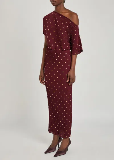 Never Fully Dressed Tilly One-shoulder Polka-dot Maxi Dress In Burgundy