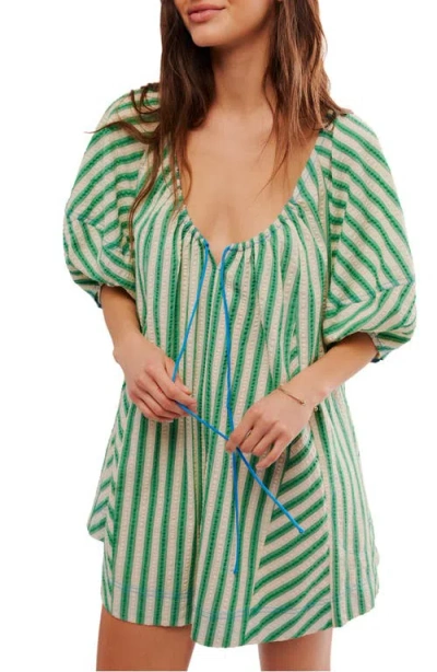 Free People Bop Around One-piece Romper Womens Striped Tie Neck Buu192 In Green