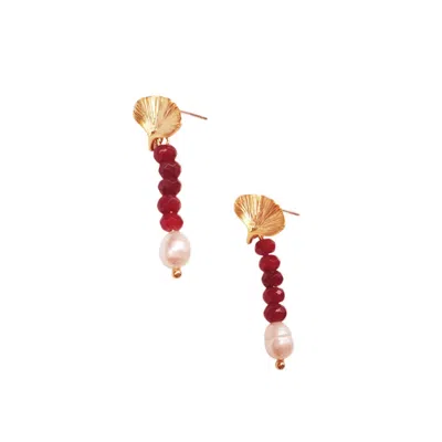 Way To Chic Women's Red Burgundy Jade Earrings With Gold Plated Leaf Studs And White Pearls In Red