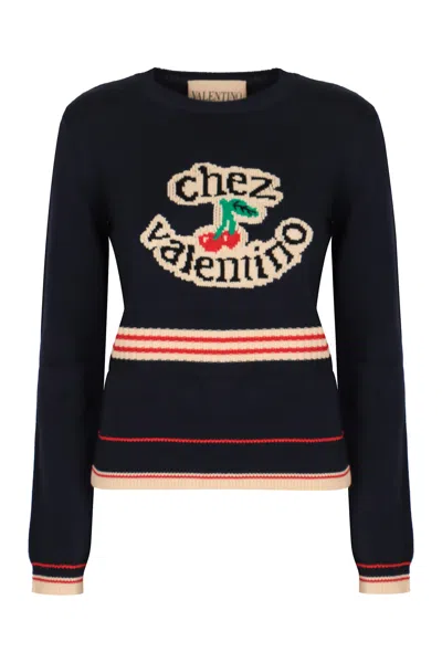 Valentino 'atelier Crew Neck Knitwear With Ribbed Hem And Cuffs' In Blue