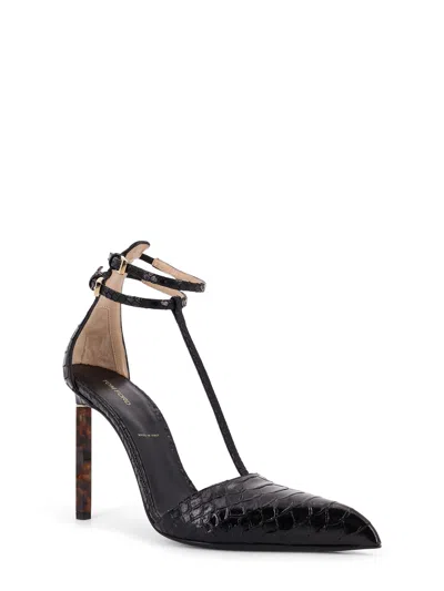 Tom Ford Semi Shiny Printed Python B/c T Strap Pump Pumps Black In Black