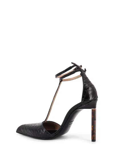 Tom Ford Semi Shiny Printed Python B/c T Strap Pump Pumps Black In Black