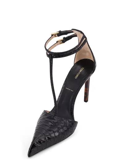 Tom Ford Semi Shiny Printed Python B/c T Strap Pump Pumps Black In Black