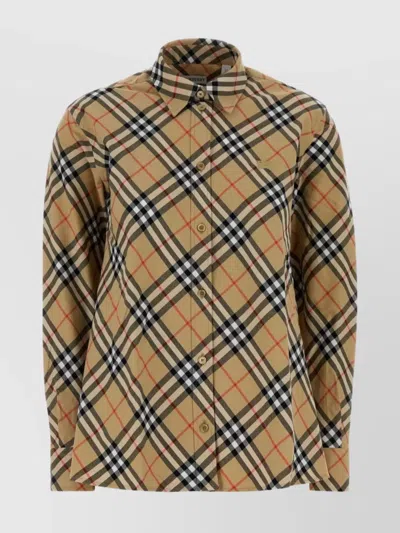Burberry Women Beige Shirt With Classic Collar And All-over Check Motif In Cotton Woman In Neutral
