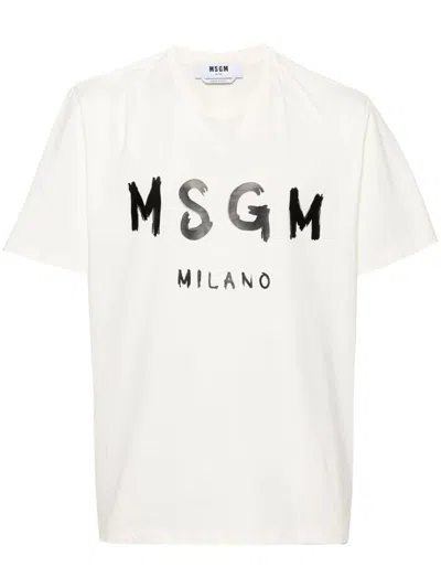 Msgm Cotton T-shirt With Front Printed Logo In Neutral