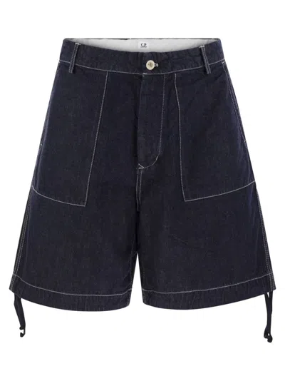 C.p. Company Cotton Denim Shorts With Concealed Button Fly In Blue