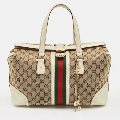 Pre-owned Gucci White Gg Canvas And Leather Large Web Treasure Boston Bag