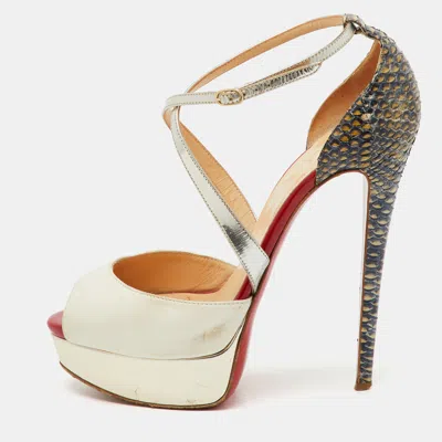 Pre-owned Christian Louboutin Multicolor Python And Leather Crisscross Peep Toe Platform Pumps Size 38