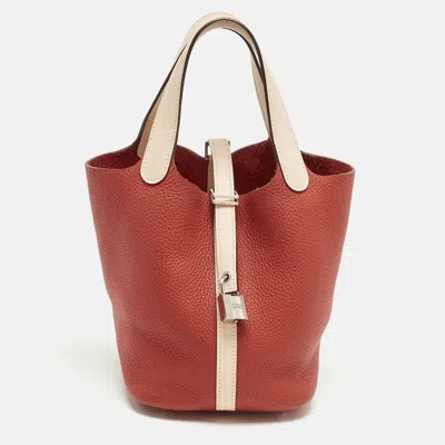 Pre-owned Hermes Rouge Tomate/rose Elegante Taurillon Clemence Leather Picotin Lock 18 Bag In Red
