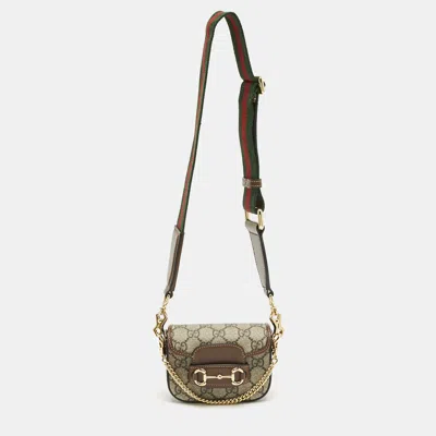 Pre-owned Gucci Beige/brown Gg Supreme Canvas And Leather Mini Horsebit 1955 Crossbody Bag In Sand